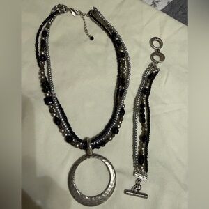 Premier Designs Elegant Silver and Black Necklace and Bracelet Set